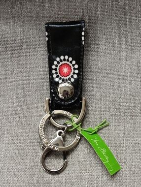 Vera Bradley BlackParisian PomPoms Loop Snap Shiny Keychain  Silver Hardware NWT